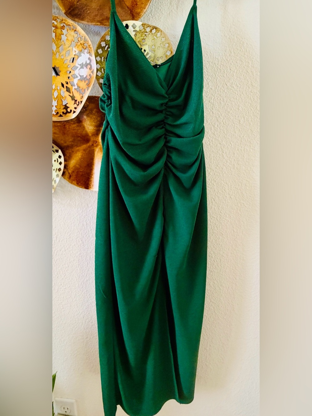 Zara Deep Green Ruched V-Neck Dress